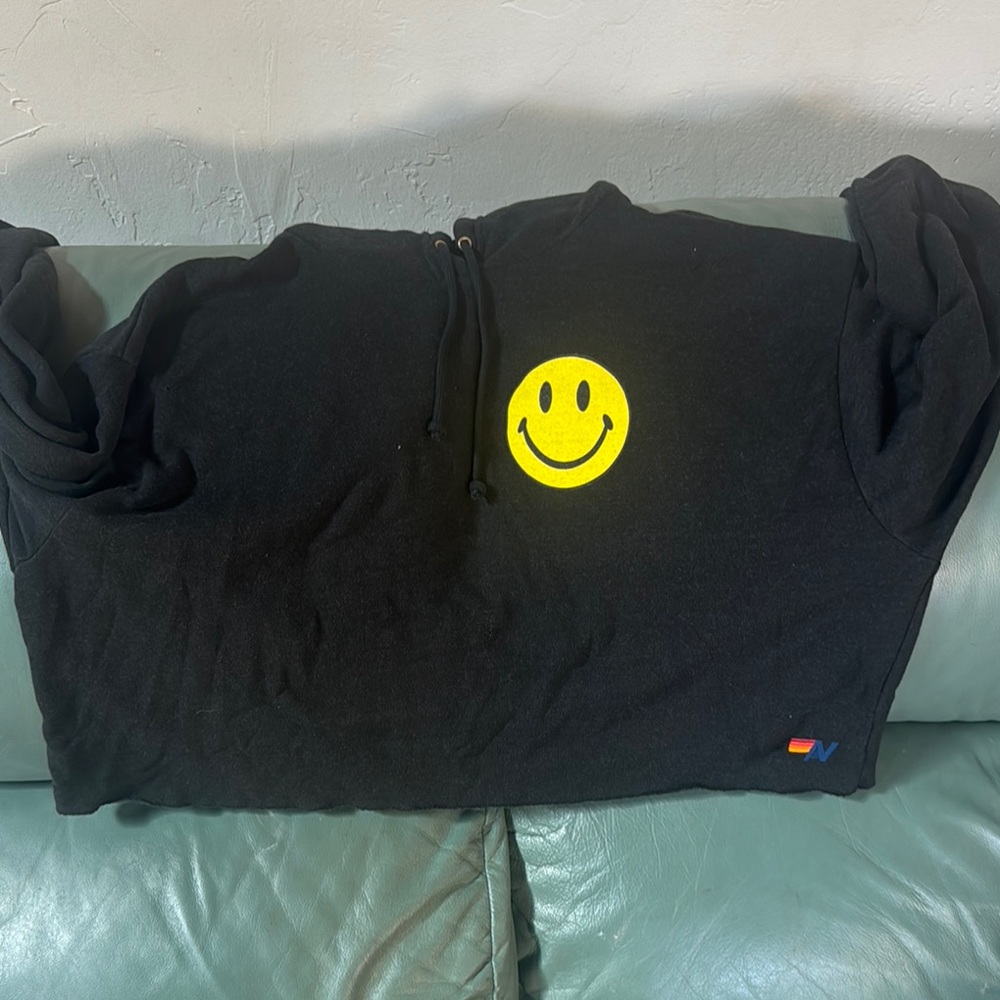 Aviator Nation Black Hoodie with Yellow Smiley Face
